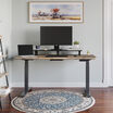 workspace view of a desk setup with a desk shelf 